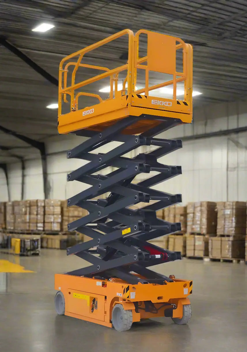 EKKO ES80E orange electric scissor lift with extended platform inside warehouse