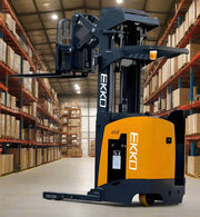 EKKO Ht - EK18RRL reach truck in a warehouse with orange and black design for efficient pallet handling