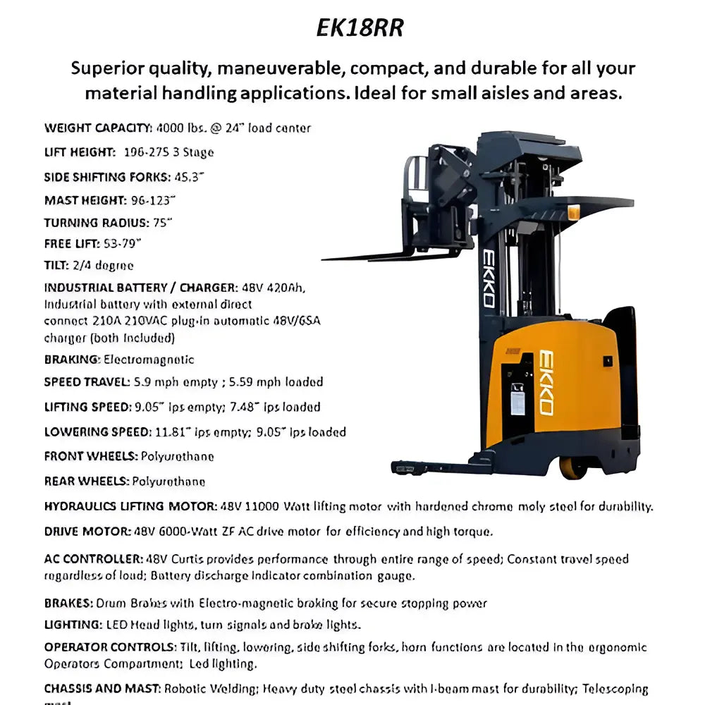 EKKO Ht - EK18RRL reach truck with compact design and industrial battery for material handling