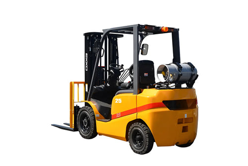 EKKO propane forklift in yellow and black with lifting forks and rear propane tank