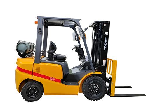 EKKO propane forklift in yellow and black with side view showing lifting forks and propane tank