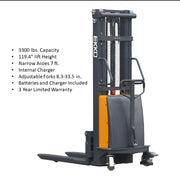 EKKO Semi-Electric Pallet Stacker with 3300 lb capacity and 119.4 inch lift height for narrow aisles