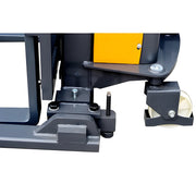 Close-up of the wheel and metal frame of EKKO Semi-Electric Pallet Stacker in gray and yellow