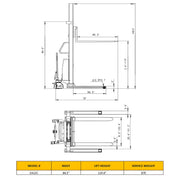 EKKO Semi-Electric Pallet Stacker technical drawing with dimensions and specifications