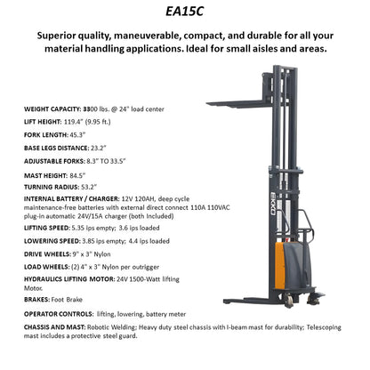 EKKO semi-electric pallet stacker EA15C with adjustable forks and heavy-duty steel chassis for material handling