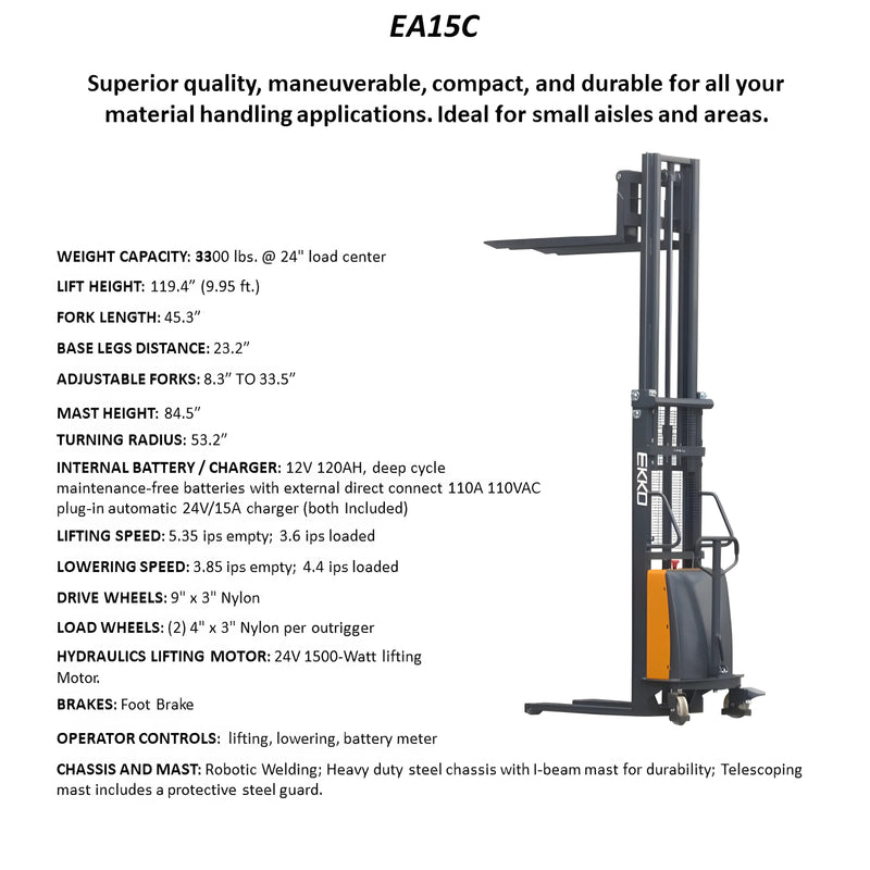 EKKO semi-electric pallet stacker EA15C with adjustable forks and heavy-duty steel chassis for material handling