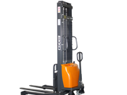 EKKO Semi-Electric Pallet Stacker with orange battery cover and black lifting frame on black background