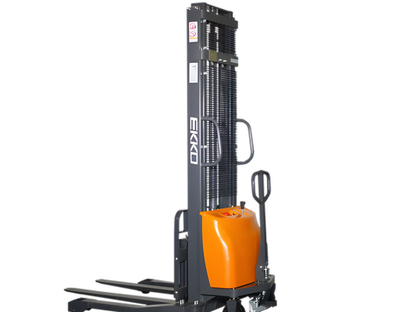 EKKO Semi-Electric Pallet Stacker with orange battery cover and black lifting frame on black background