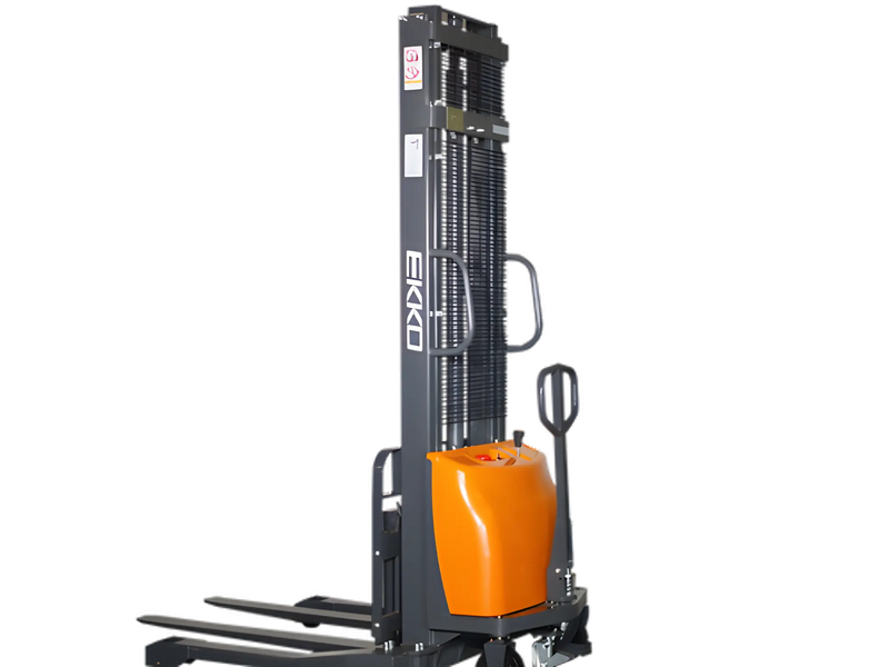 EKKO Semi-Electric Pallet Stacker with orange battery cover and black lifting frame on black background