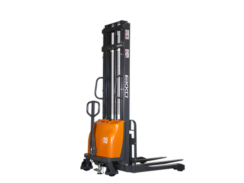EKKO semi-electric pallet stacker with orange and black design for efficient material handling