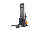 EKKO semi-electric pallet stacker in black and orange with sturdy lifting forks and ergonomic handle