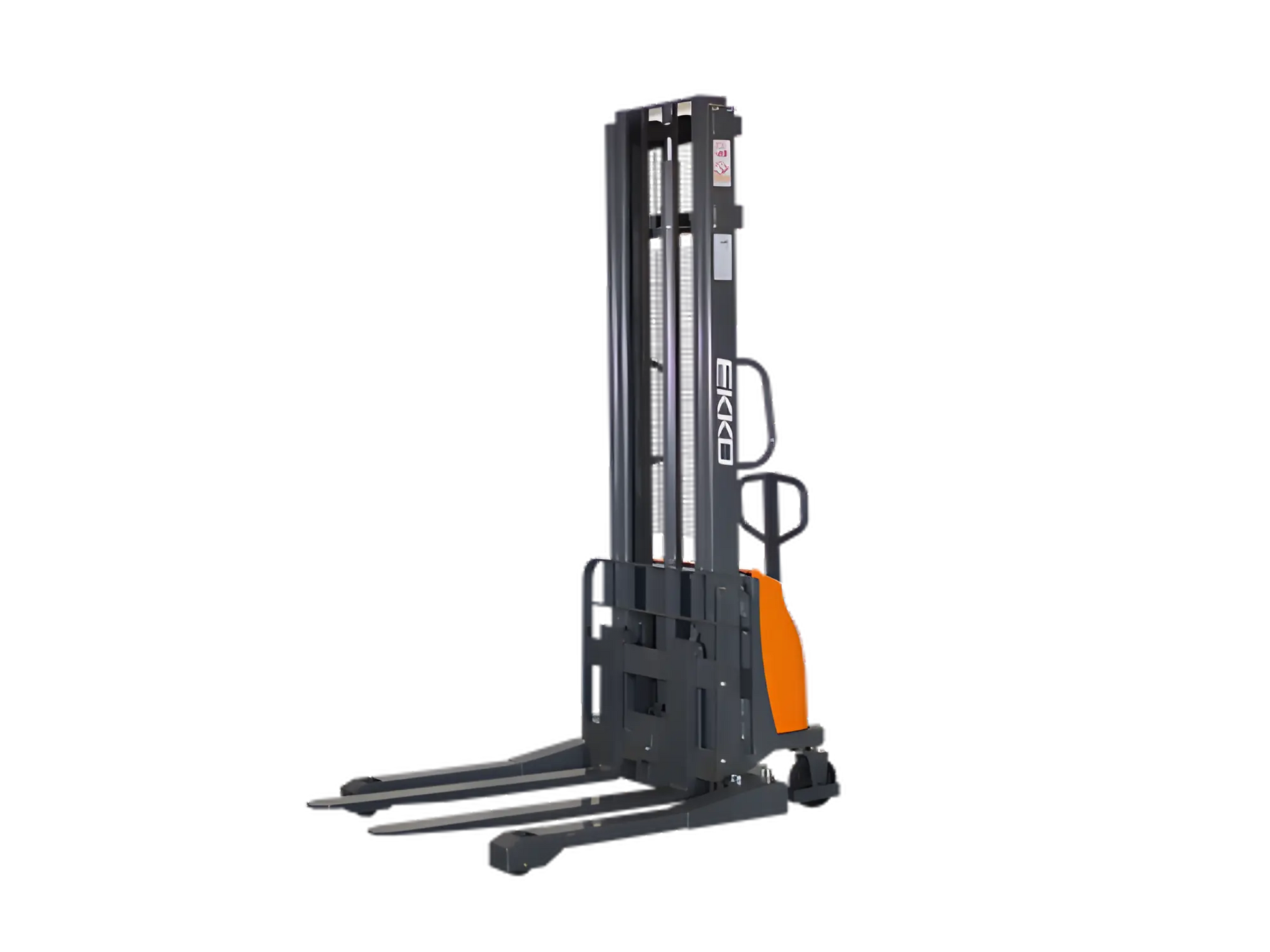 EKKO semi-electric pallet stacker in black and orange with sturdy lifting forks and ergonomic handle