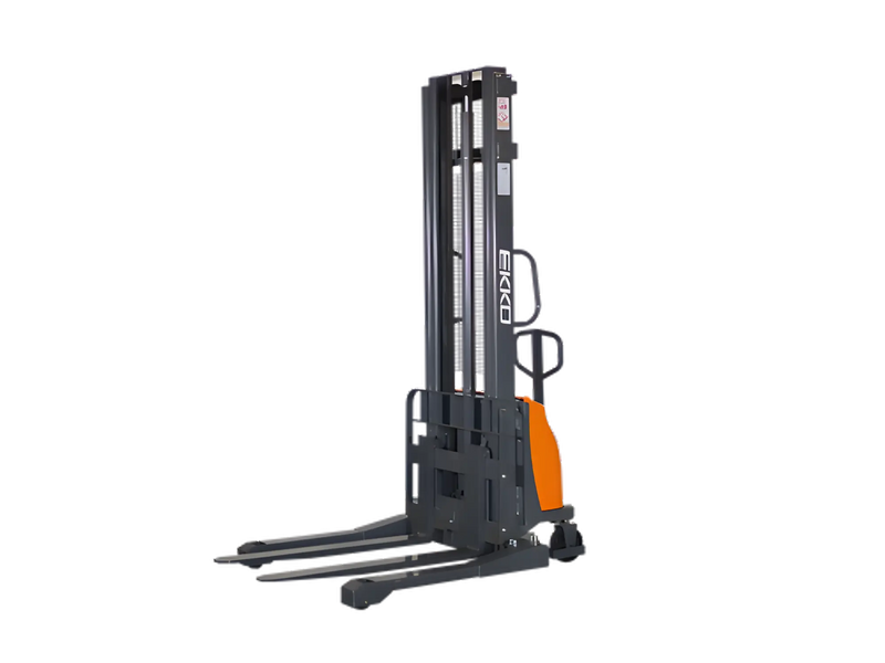 EKKO semi-electric pallet stacker in black and orange with sturdy lifting forks and ergonomic handle