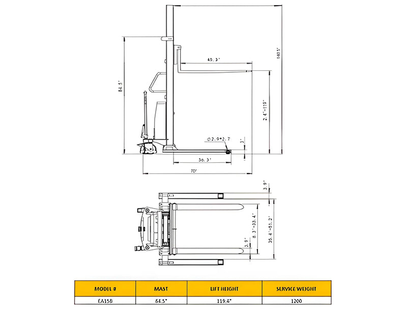 Technical drawing and dimensions of EKKO Semi-Electric Pallet Stacker showing mast height and lift capacity