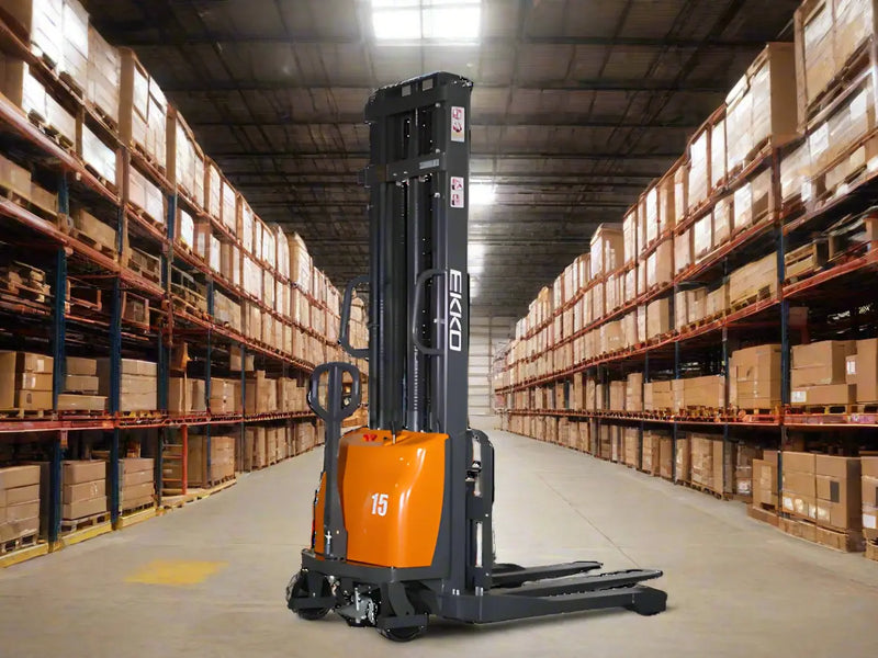 EKKO Semi-Electric Pallet Stacker in warehouse aisle with tall shelving and boxes