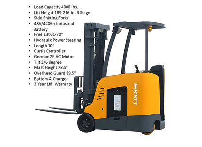 EKKO yellow and black Stand-Up Forklift with 4000 lbs load capacity and side shifting forks