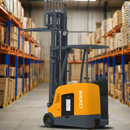 EKKO yellow and black Stand-Up Forklift in warehouse aisle lifting pallets