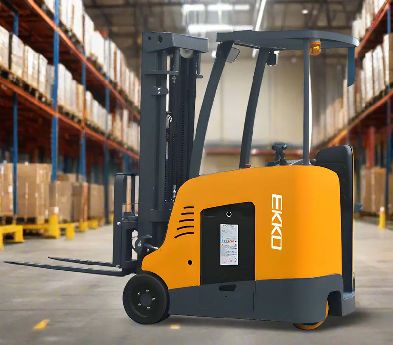 EKKO stand-up forklift in orange and black inside warehouse aisle with shelves and boxes