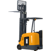 EKKO Stand-Up Forklift with orange and black body and extended forks for warehouse use