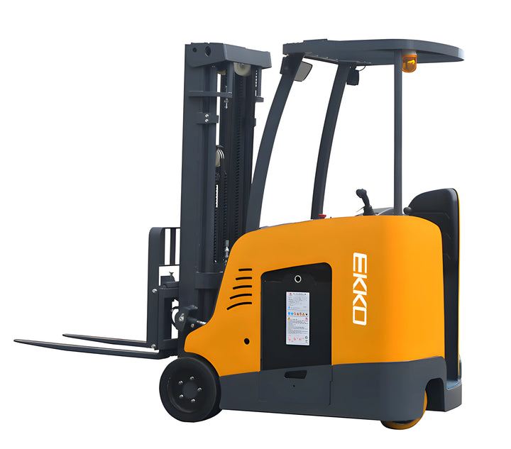 EKKO yellow and black stand-up forklift with dual forks and protective overhead guard