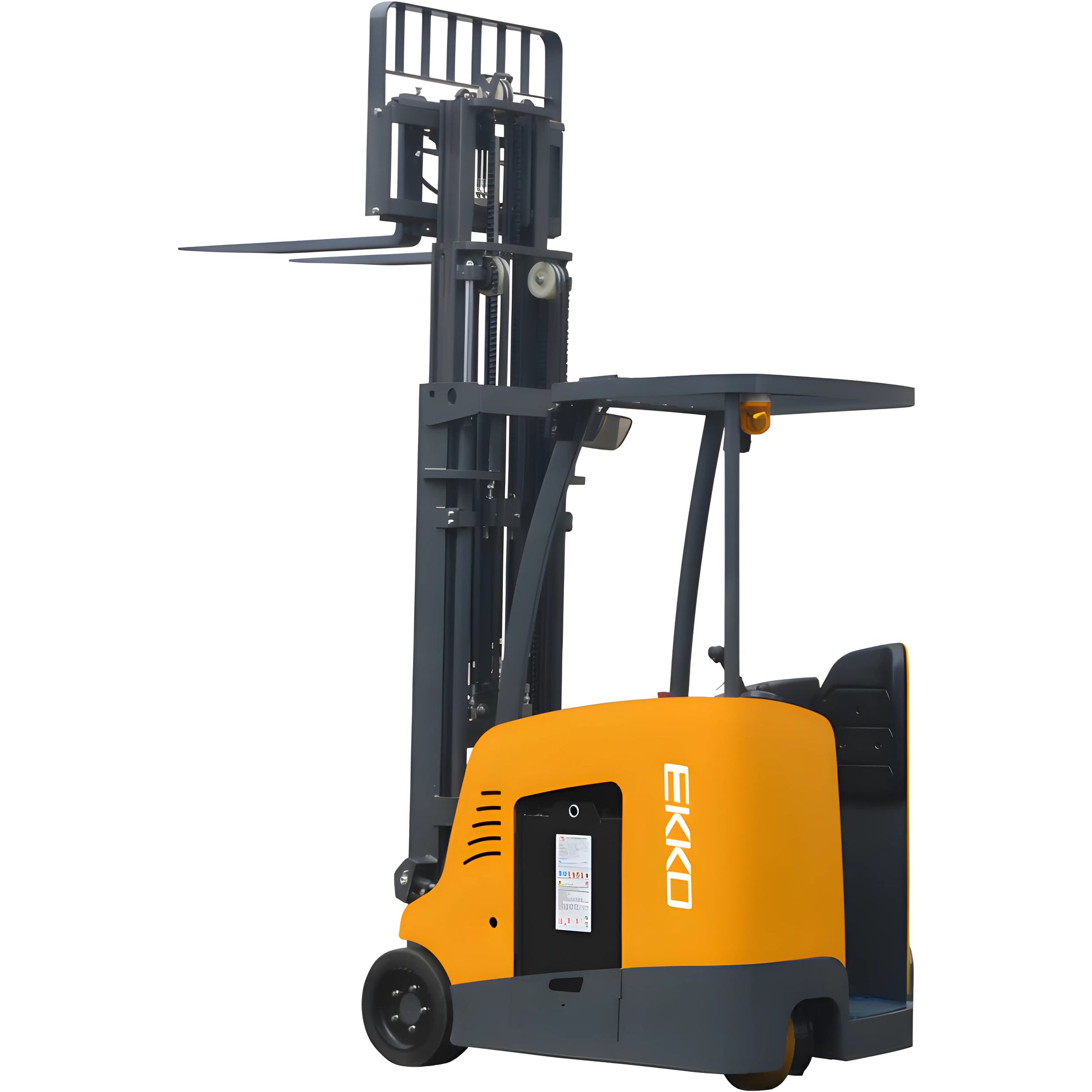 EKKO bright yellow and black stand-up forklift with extended lifting forks for warehouse use