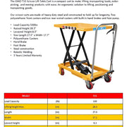 EKKO T15 scissor lift table cart in yellow with black steel frame and red polyurethane casters