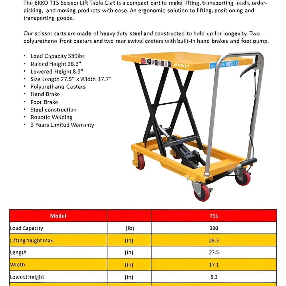 EKKO T15 scissor lift table cart in yellow with black steel frame and red polyurethane casters