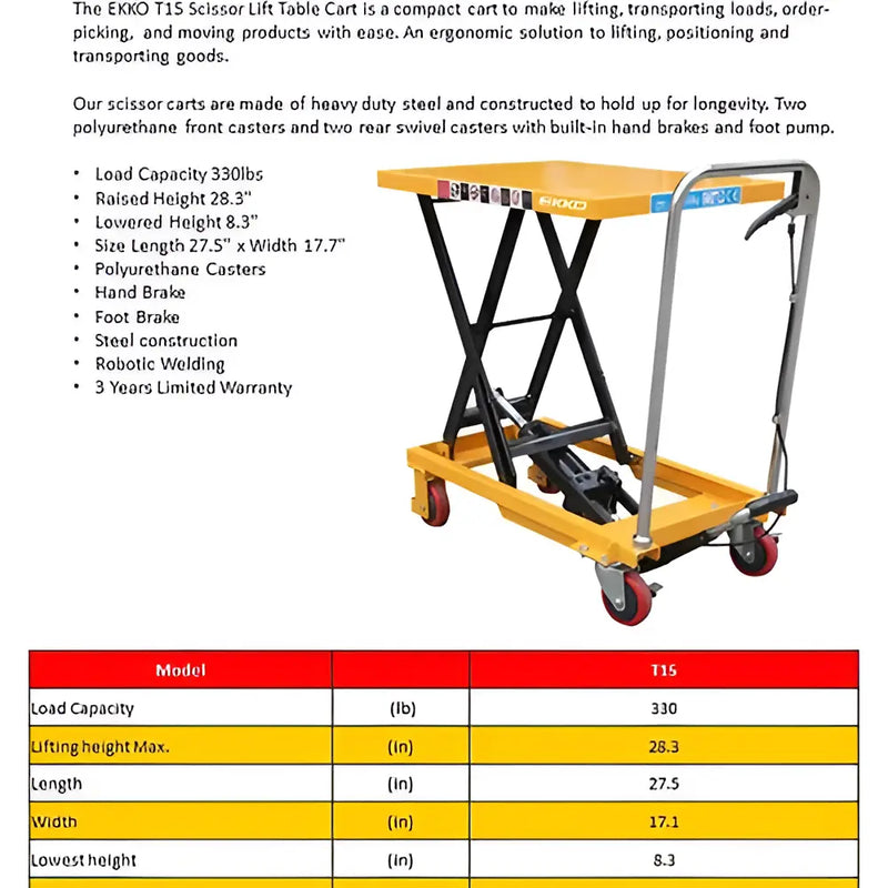 EKKO T15 scissor lift table cart in yellow with black steel frame and red polyurethane casters
