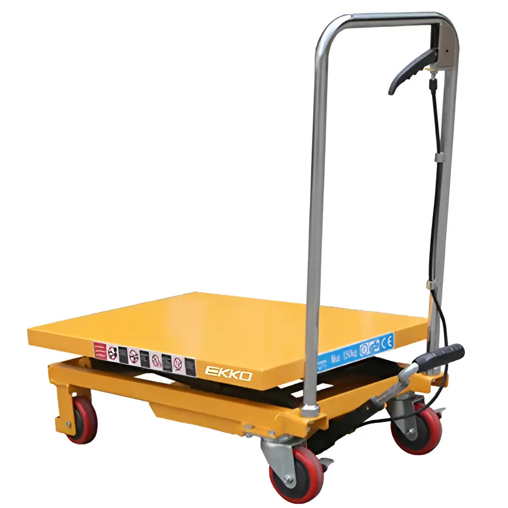 EKKO T15 scissor lift table with yellow platform and red caster wheels for industrial lifting