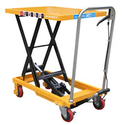 EKKO T15 scissor lift table with yellow platform and black scissor mechanism on red caster wheels