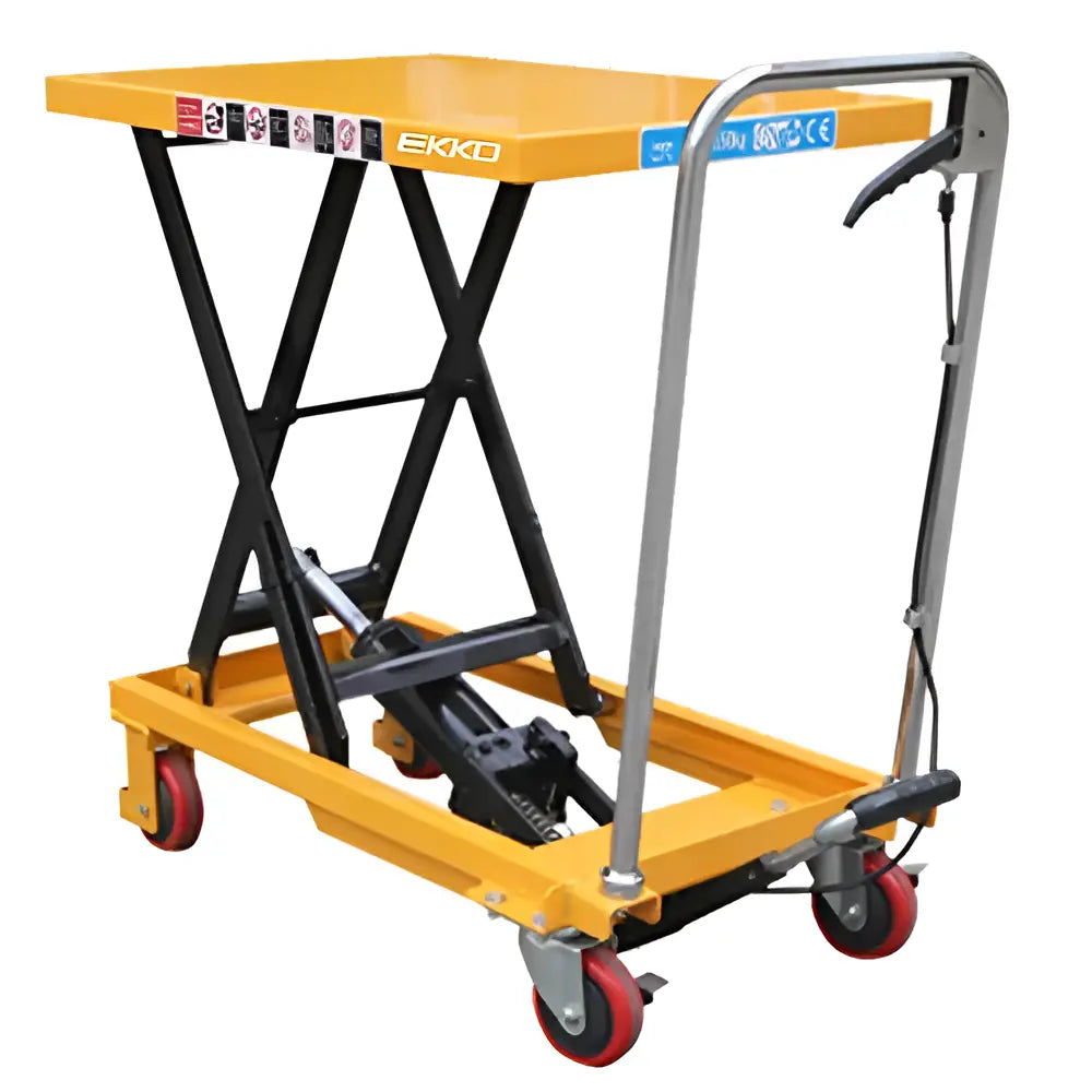 EKKO T15 scissor lift table with yellow platform and black scissor mechanism on red caster wheels