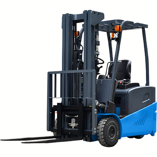 EOSLift electric forklift in blue and black with dual forks and protective overhead guard