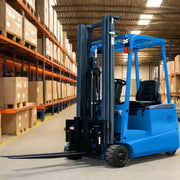 EOSLift blue electric forklift in warehouse with loaded shelves and open cabin seating