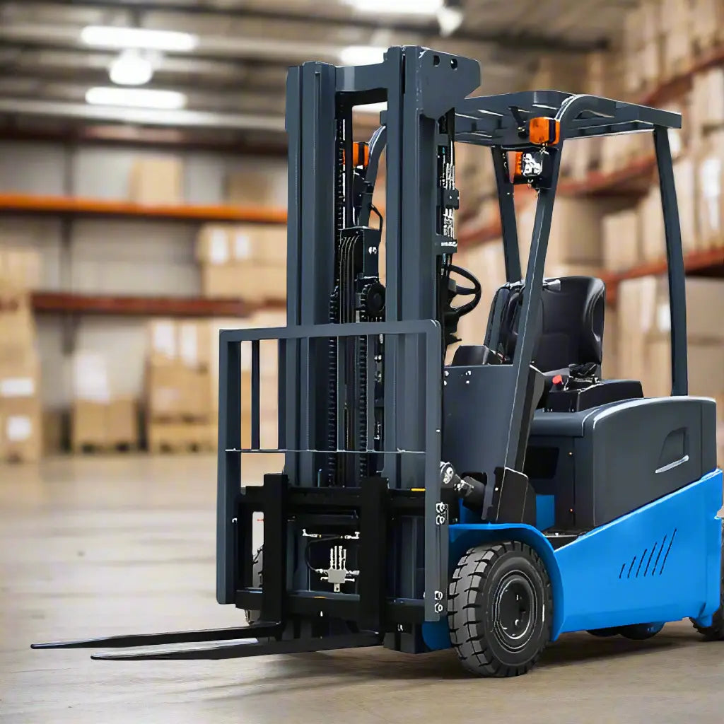 EOSLift blue electric forklift with black lifting mechanism inside warehouse with boxes
