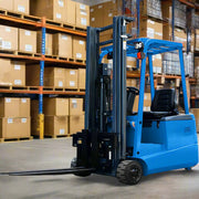 Blue EOSLift electric forklift in warehouse with stacked cardboard boxes on shelves