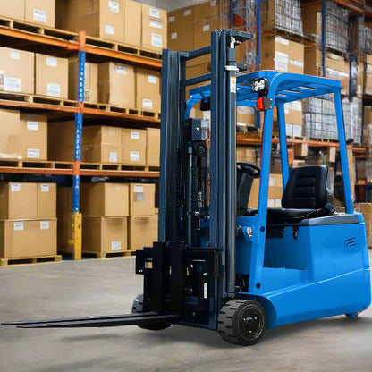 Blue EOSLift electric forklift in warehouse with stacked cardboard boxes on shelves
