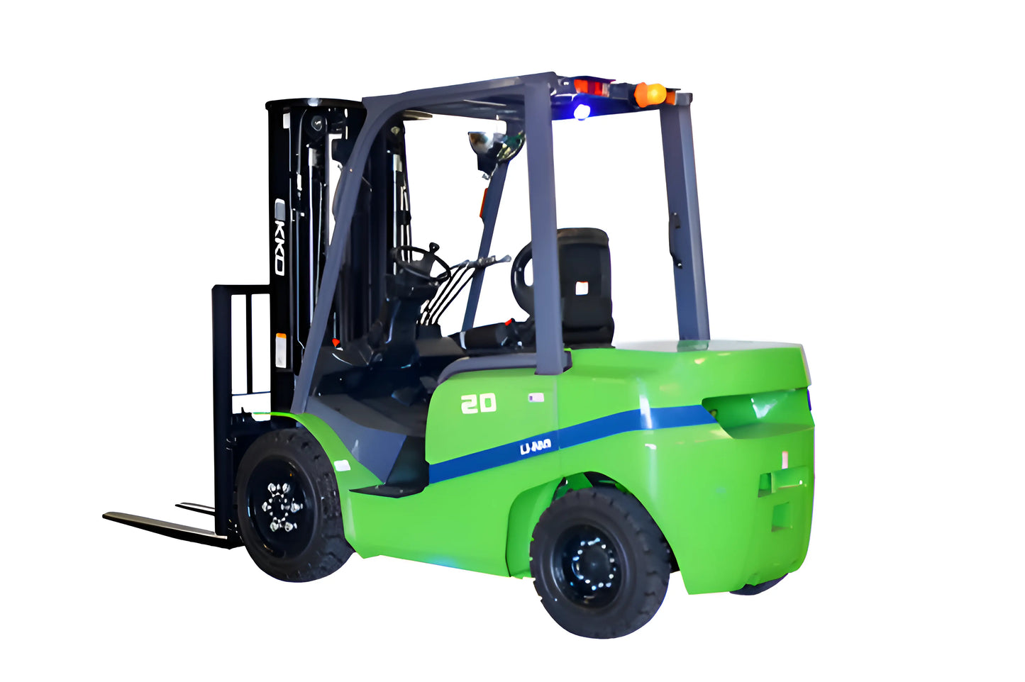 EKKO green and black electric forklift with safety lights and sturdy lifting forks