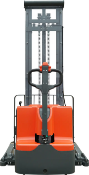 Ballymore Fork Electric Straddle Stacker in orange and gray with control handle electric pallet stacker