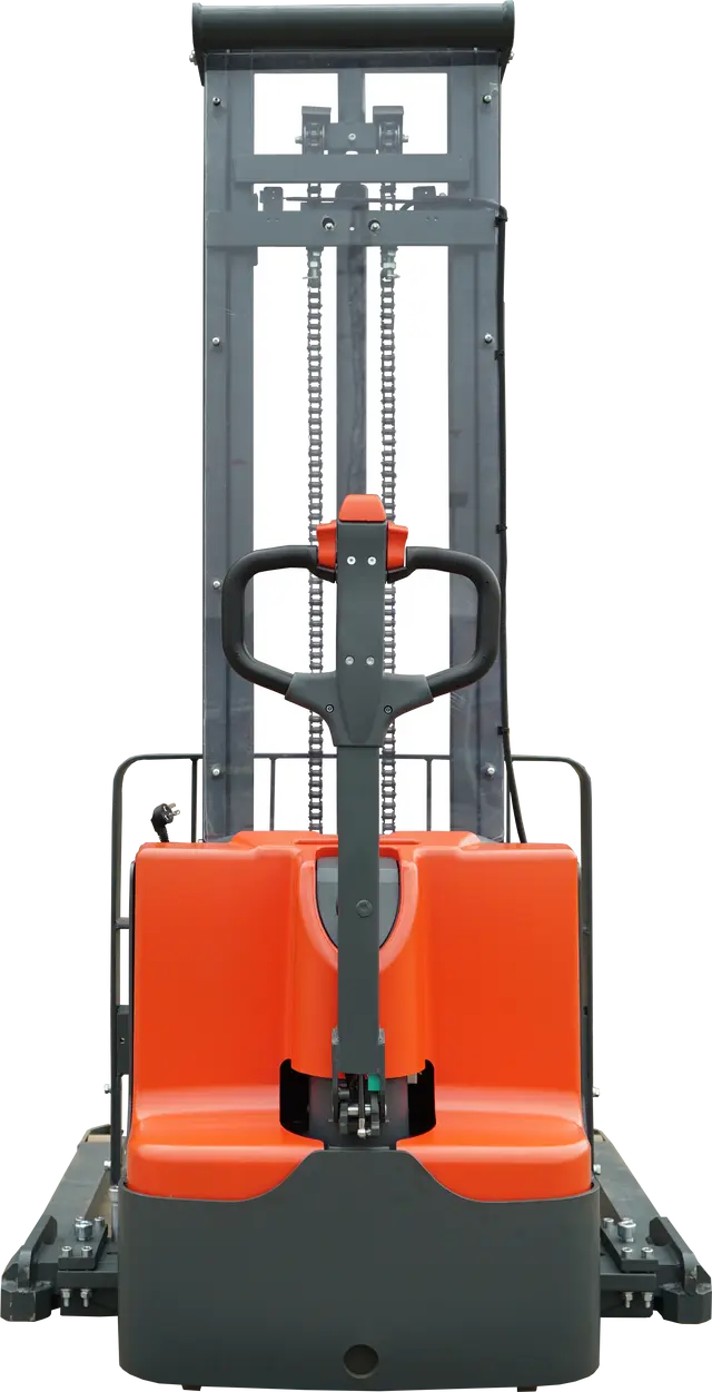 Ballymore Fork Electric Straddle Stacker in orange and gray with control handle electric pallet stacker