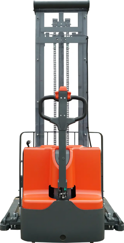 Ballymore Fork Electric Straddle Stacker in orange and gray with control handle electric pallet stacker