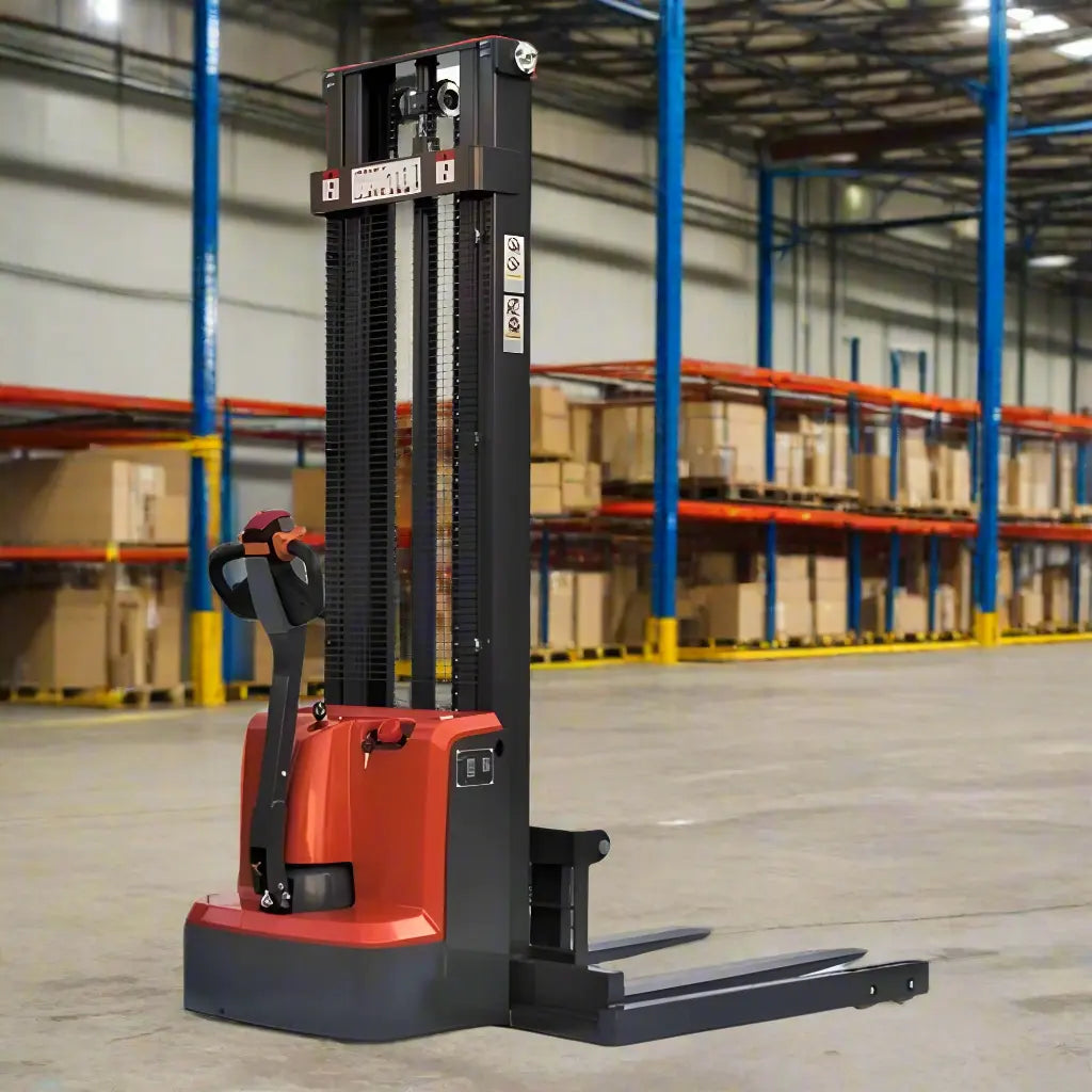 Major Lift electric pallet stacker straddle stacker in warehouse with red and black design
