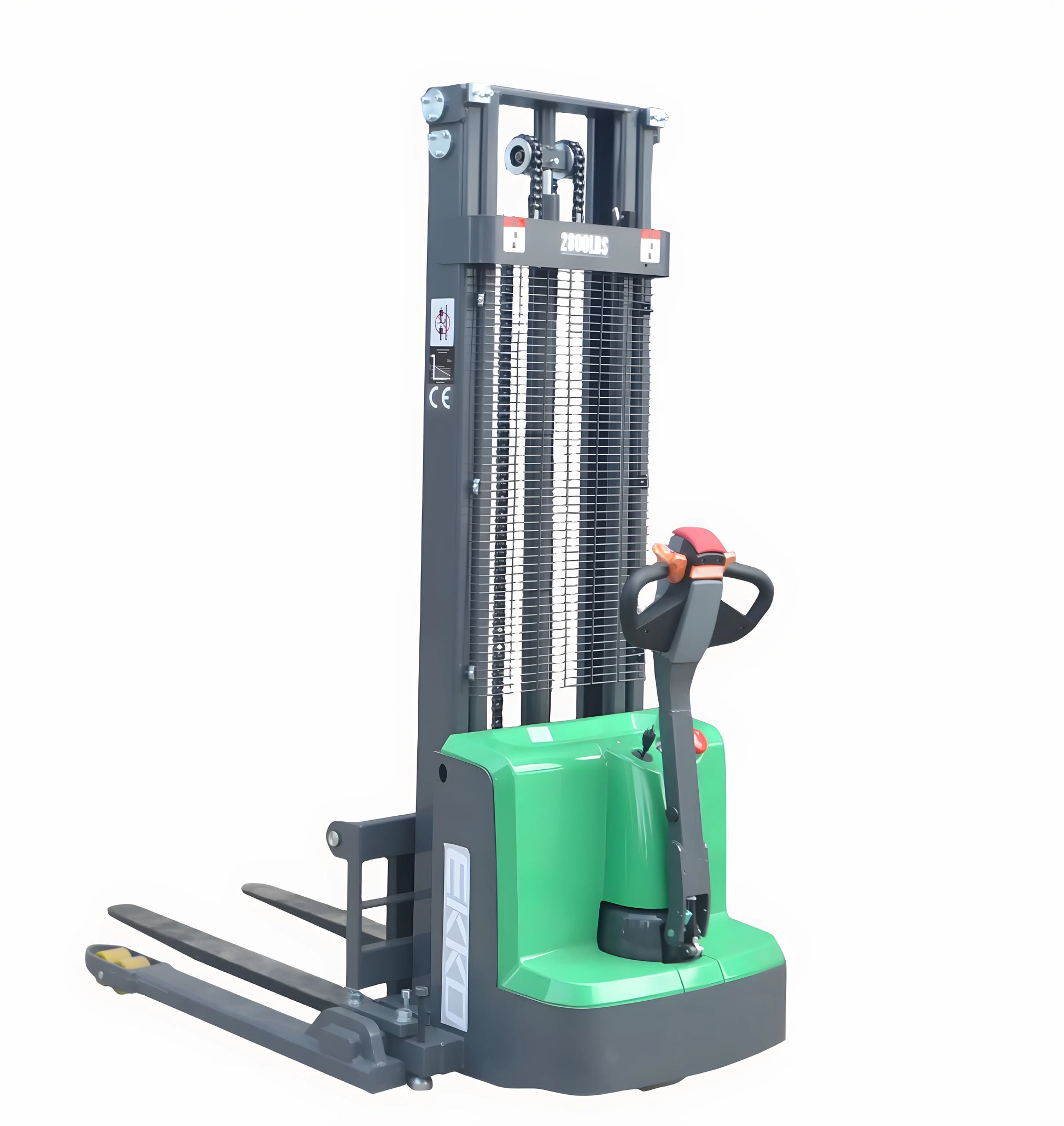 EKKO Electric Pallet Stacker in green and black with ergonomic handle and lifting forks for warehouse use