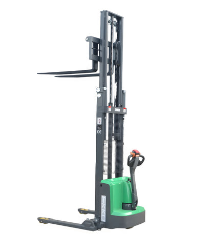 EKKO Electric Pallet Stacker in green and black with dual forks and vertical lifting mechanism
