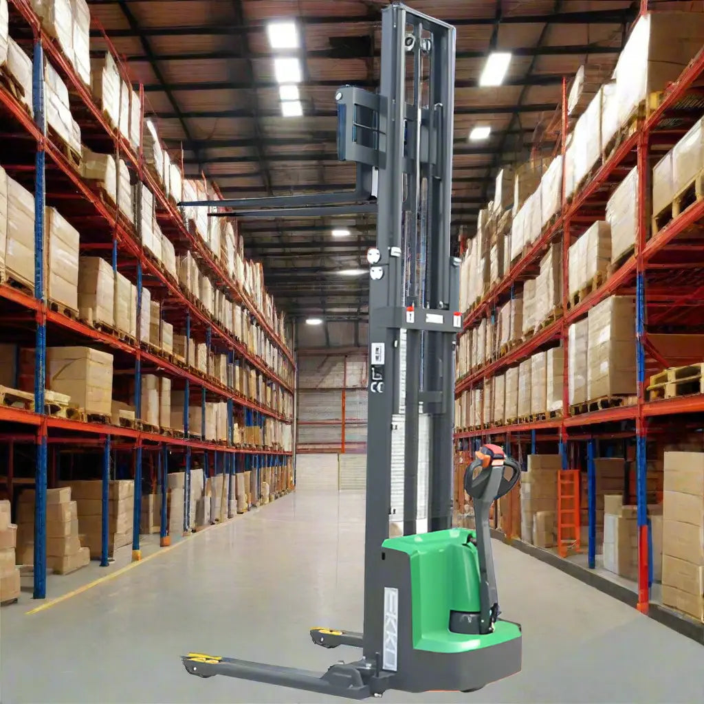 EKKO electric pallet stacker in green and black lifting pallets in a large warehouse aisle
