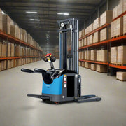 EOSLift Electric Pallet Stacker in warehouse with blue and black body for lifting pallets