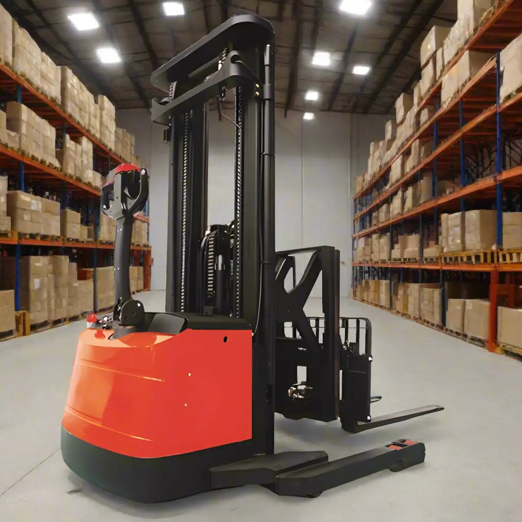 Major Lift electric pallet stacker straddle stacker in warehouse with boxes on shelves