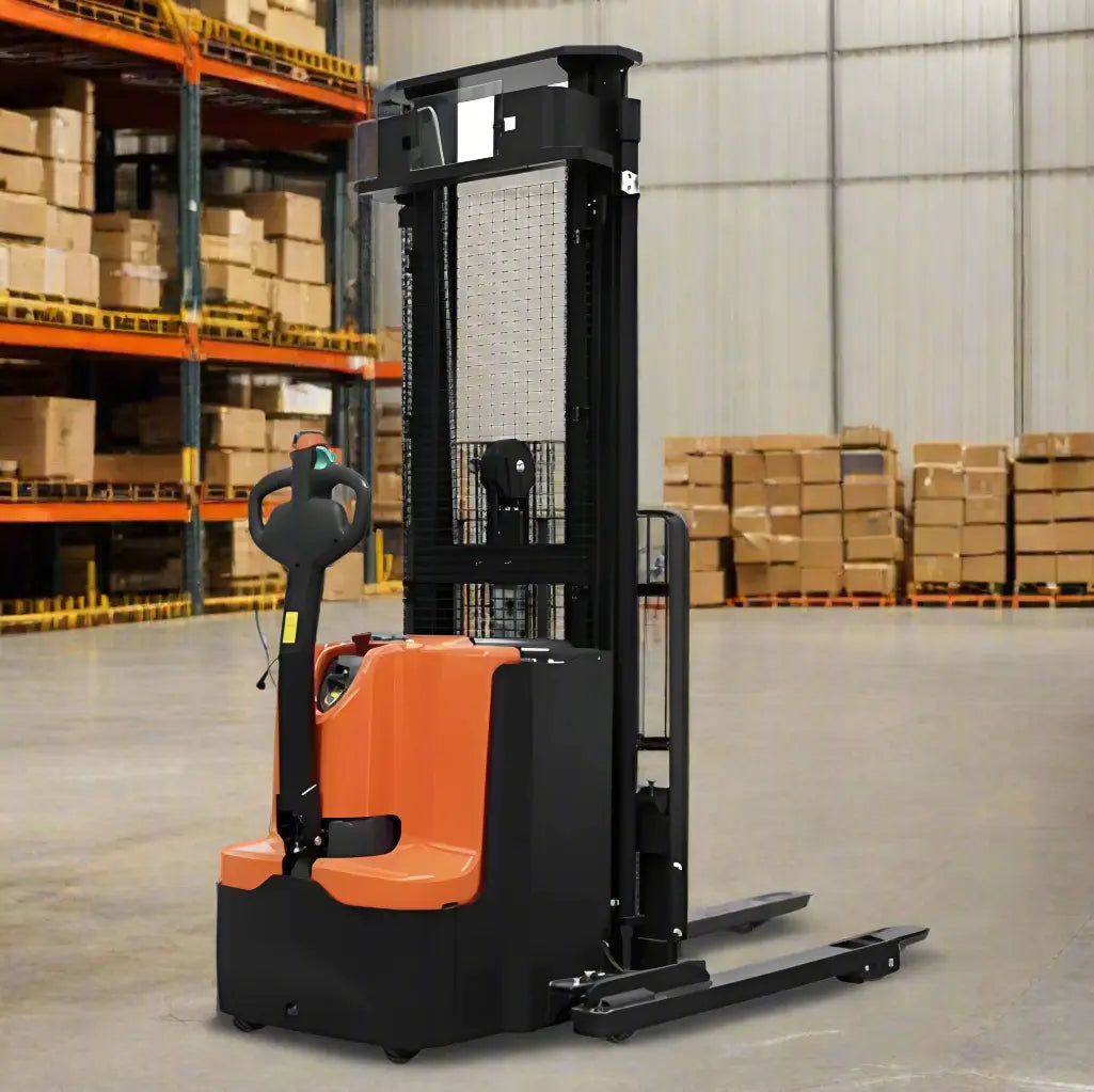 Major Lift electric pallet stacker straddle stacker in warehouse with stacked boxes background