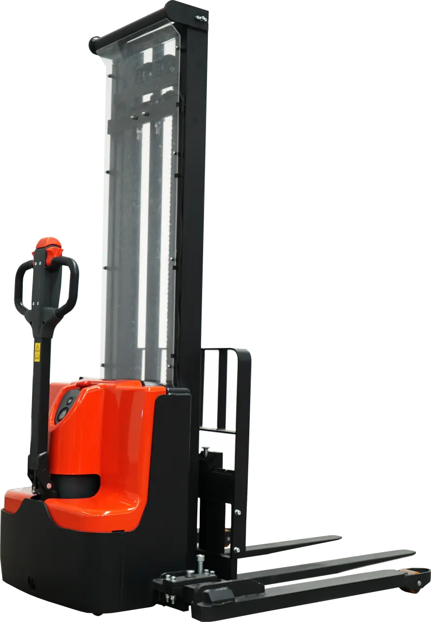 Ballymore Fork Electric Straddle Stacker in black and orange electric pallet stacker for material handling