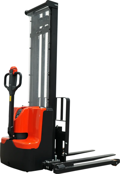 Ballymore Fork Electric Straddle Stacker in black and orange electric pallet stacker for material handling