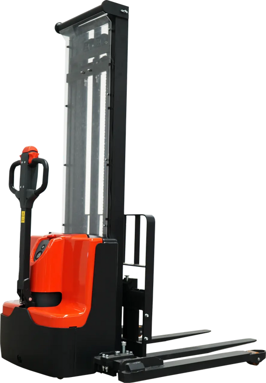 Ballymore Fork Electric Straddle Stacker in black and orange electric pallet stacker for material handling